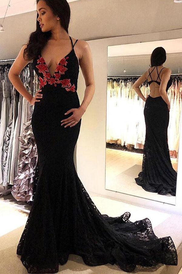 Mermaid Black Lace Deep V-neck Embrodiery Flower Prom Dress,DS103-Daisybridals