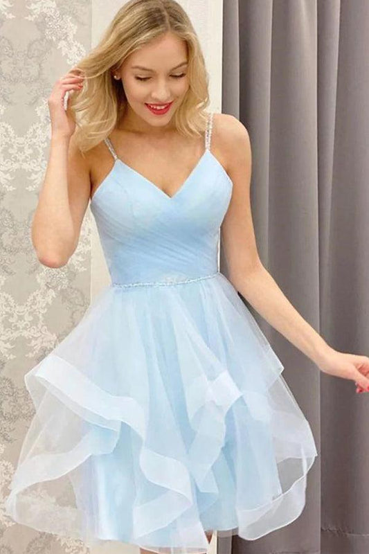 A Line V Neck Short Blue Prom Dresses Tulle Homecoming Dresses PD457 - Daisybridals