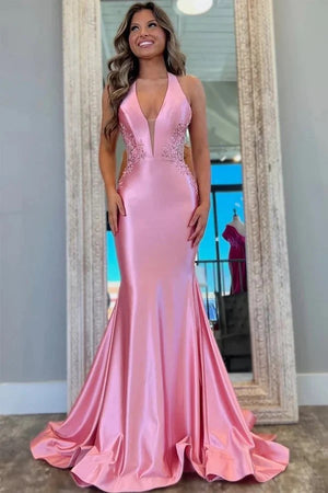 Classy Halter V-Neck Appliques Mermaid Pink Prom Dress,DS246-Daisybridals