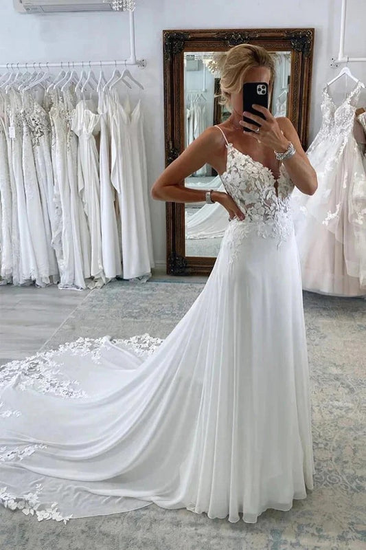 Elegant A-Line Beach Wedding Dresses With Lace Appliques,DW007-Daisybridals