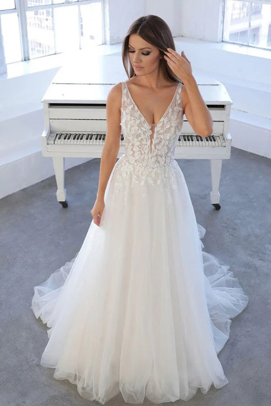 Elegant Ivory A Line Beach Wedding Dress Church Bridal Gown,DW010-Daisybridals