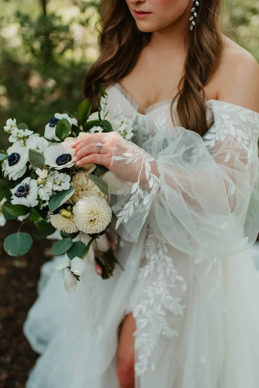 Forest A Line Off the Shoulder Long Sleeves Tulle Wedding Dress-Daisybridals