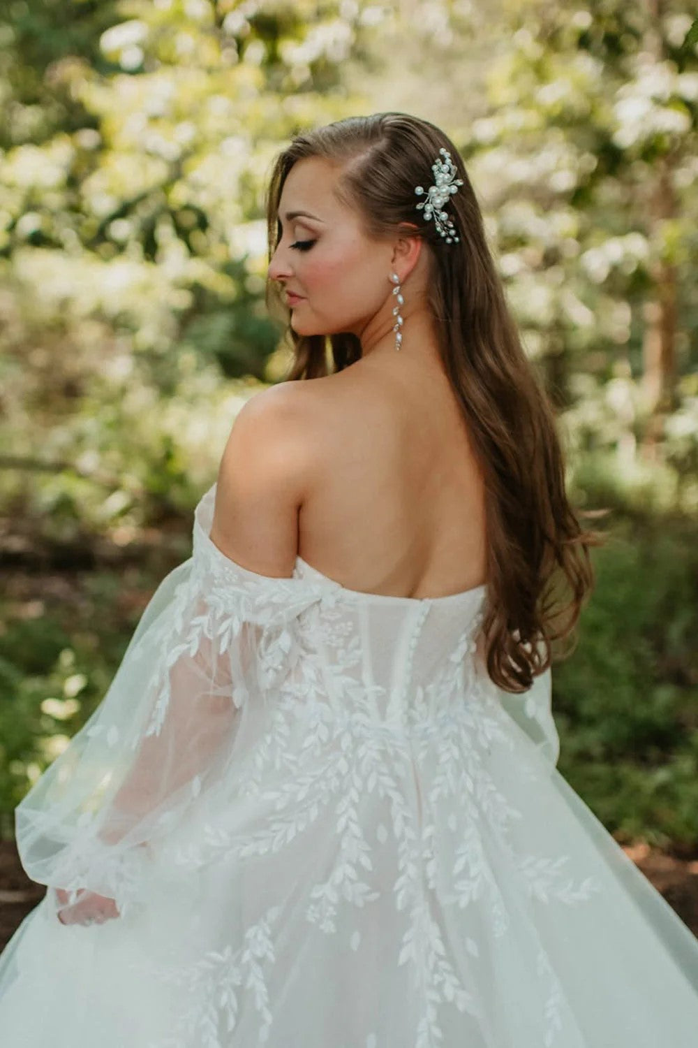 Forest A Line Off the Shoulder Long Sleeves Tulle Wedding Dress-Daisybridals