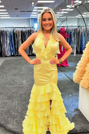 Mermaid V Neck Ruffle Mermaid Yellow Long Prom Dress,DS247-Daisybridals