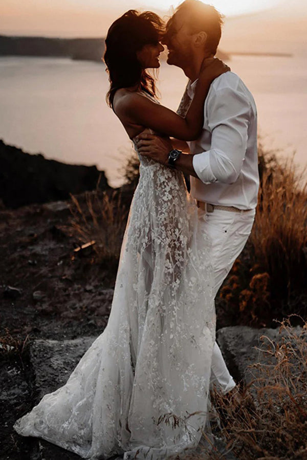 Romantic One Shoulder Lace Bohemian Wedding Dress with Split-Daisybridals
