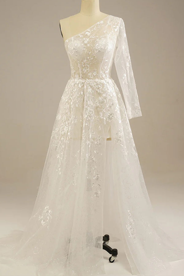 Romantic One Shoulder Lace Bohemian Wedding Dress with Split-Daisybridals