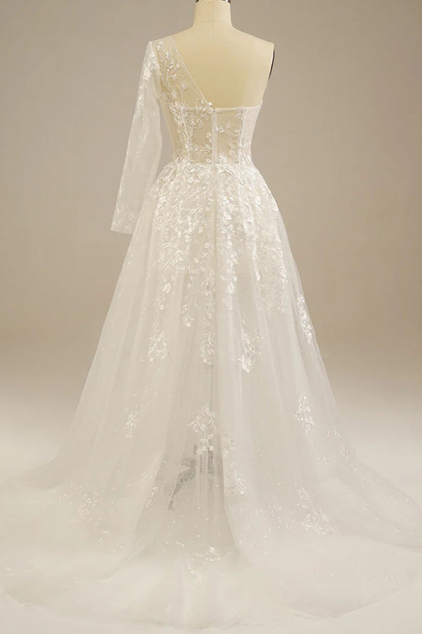 Romantic One Shoulder Lace Bohemian Wedding Dress with Split-Daisybridals