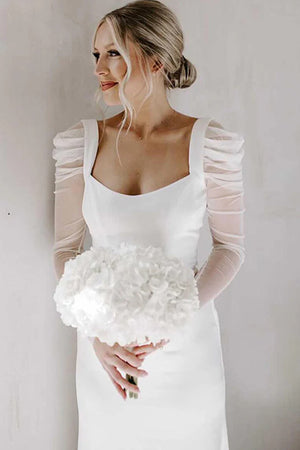 Sheath Backless Long Sleeves Square Neck Vintage Wedding Dress-Daisybridals