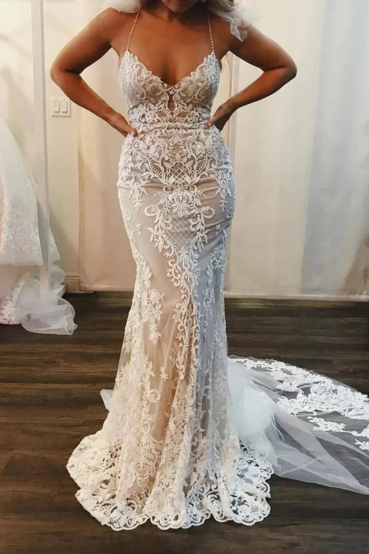 Spaghetti Straps Lace Mermaid Wedding Dresses Boho Wedding Dresses,DW011