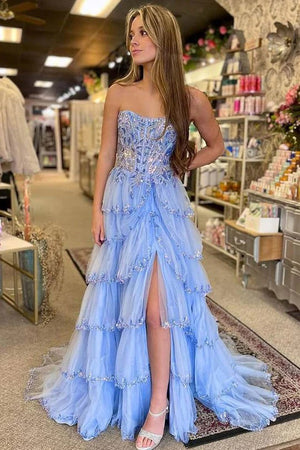 Strapless A-Line Layered Appliques Blue Prom Dress with Slit,DS245-Daisybridals