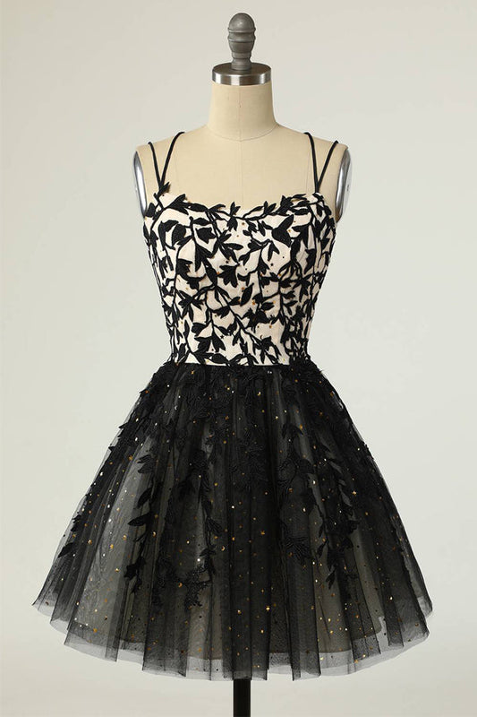 Straps Black Appliques Short Prom Dress Homecoming Dress with Sequins  PD475-Daisybridals