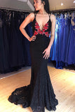 Mermaid Black Lace Deep V-neck Embrodiery Flower Prom Dress,DS103-Daisybridals