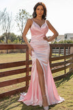 Mermaid Silk Like Satin Pink Prom Dress Split Evening Dress,WP290