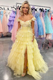3D Floral Lace Off-the-Shoulder Ruffle Tiered Yellow Prom Dress,DS109