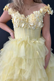 3D Floral Lace Off-the-Shoulder Ruffle Tiered Yellow Prom Dress,DS109