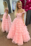 3D Floral Lace Off-the-Shoulder Ruffle Tiered Yellow Prom Dress,DS109