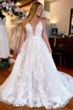 A-Line Deep V Neck Spaghetti Straps Ivory Long Wedding Dress,DW067-Daisybridals