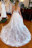 A-Line Deep V Neck Spaghetti Straps Ivory Long Wedding Dress,DW067-Daisybridals