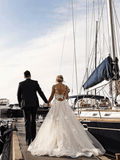 A-line Floral Applique Beach Wedding Dresses Backless Wedding Gown,DW035-Daisybridals