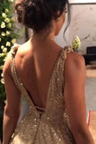 A-line Sequin Empire Gold Long Prom Dress With Sweep Train,DS157-Daisybridals