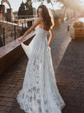 A-Line Lace V-Neck Spaghetti Straps Lace Beach Wedding Dress,DW039-Daisybridals