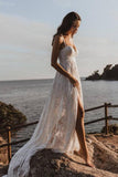 A-Line Lace V-Neck Spaghetti Straps Lace Beach Wedding Dress,DW039-Daisybridals