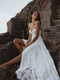 A-Line Lace V-Neck Spaghetti Straps Lace Beach Wedding Dress,DW039-Daisybridals