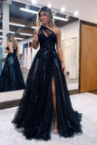 A-Line One Shoulder 3D Flowers Appliques Black Prom Dress,DS148-Daisybridals
