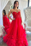 A-Line Sweetheart Corset Ruffle Red Prom Dress Formal Gown,DS188-Daisybridals
