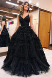 A-Line Straps V-Neck Tiered Tulle Princess Long Prom Dress,DS181-Daisybridals