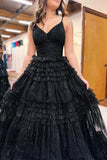 A-Line Straps V-Neck Tiered Tulle Princess Long Prom Dress,DS181-Daisybridals