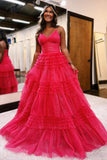 A-Line Straps V-Neck Tiered Tulle Princess Long Prom Dress,DS181-Daisybridals
