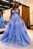 A-Line Straps V-Neck Tiered Tulle Princess Long Prom Dress,DS181-Daisybridals