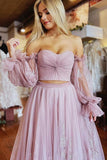 A-Line Two-Piece Dusty Pink Prom Dress with Sleeves,DS190-Daisybridals