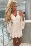 A-Line V-neck Open Back Bell Sleeves Short Ivory Lace Homecoming Dress PD495-Daisybridals