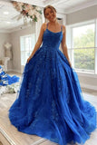A-line Blue Round Neck Lace Prom Dress Lace Up Evening Dress,DS13-Daisybridals