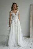A-line V Neck Glitter fabric Elegant Wedding Dress With Appliques,DW037-Daisybridals