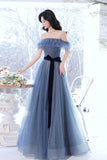 A-line Gray Blue Off The Shoulder Sparkly Prom Dress Evening Dress,DS135-Daisybridals