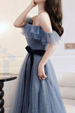 A-line Gray Blue Off The Shoulder Sparkly Prom Dress Evening Dress,DS135-Daisybridals