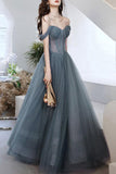 A-line Gray Tulle Long Prom Dress Off The Shoulder Evening Dress,DS140-Daisybridals