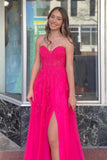 A-line Strapless Floral Appliques Hot Pink Long Prom Dress,DS158-Daisybridals