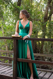 A-line Hunter Green Plunge Neckline Satin Long Prom Dress-Daisybridals