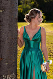 A-line Hunter Green Plunge Neckline Satin Long Prom Dress-Daisybridals