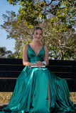 A-line Hunter Green Plunge Neckline Satin Long Prom Dress-Daisybridals