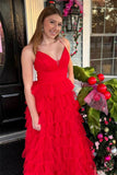 A-line Layers Plunging V Neck Red Long Prom Dress,DS185-Daisybridals