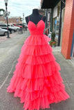 A-line Layers Plunging V Neck Red Long Prom Dress,DS185-Daisybridals