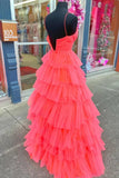 A-line Layers Plunging V Neck Red Long Prom Dress,DS185-Daisybridals