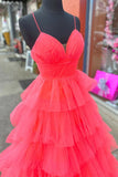 A-line Layers Plunging V Neck Red Long Prom Dress,DS185-Daisybridals