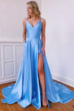 A-line Simple V Neck Satin Split Blue Prom Dress Formal Dress,DS186-Daisybridals