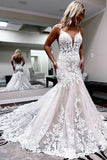 A-line Spaghetti Straps Mermaid Wedding Dress With Lace Appliques,DW048-Daisybridals